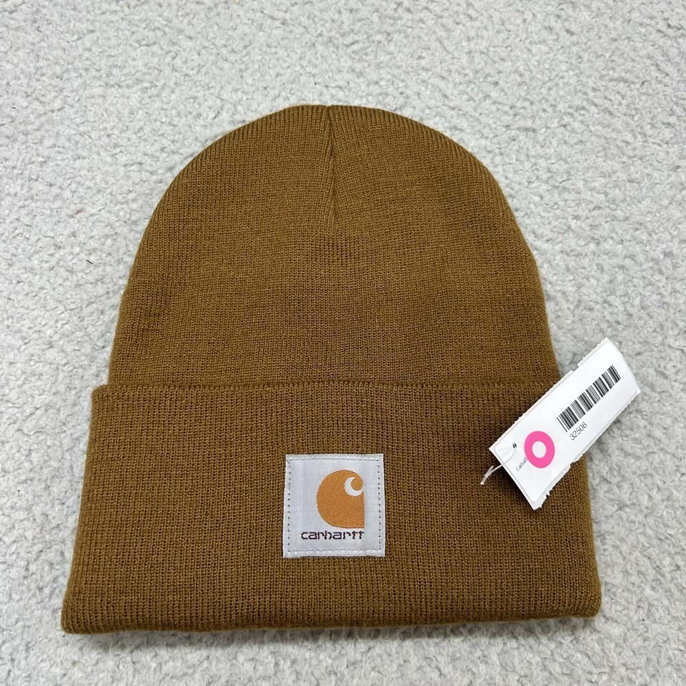 Carhartt Beanie Hat One Size Brown Knit Cuffed Watch Cap Workwear Logo Patch